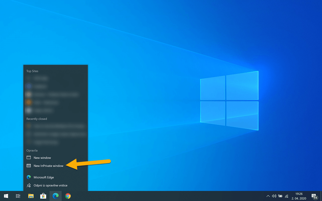 Vklop zasebnega brskanja v spletnem brskalniku Microsoft Edge