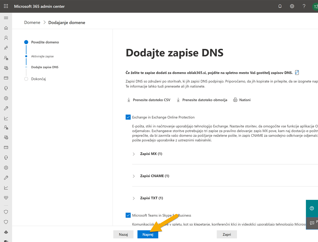 Dodajte zapise DNS